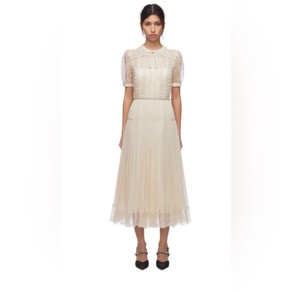 Self portrait Elegant Cream Lace pleated Midi Dress with belt